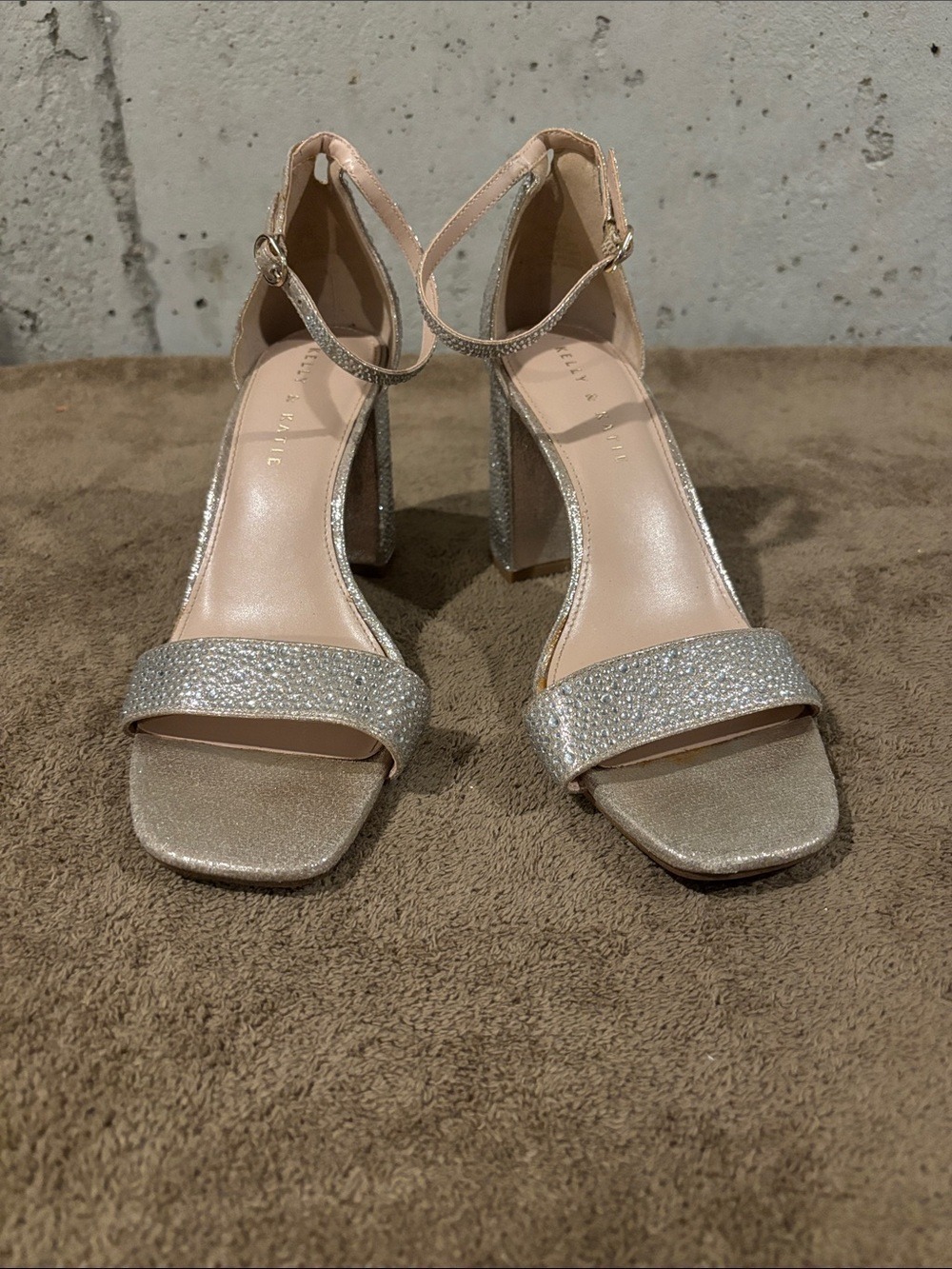 Kelly & Katie Champagne Rhinestone Block Heel Ankle Strap Sandals-Size 10